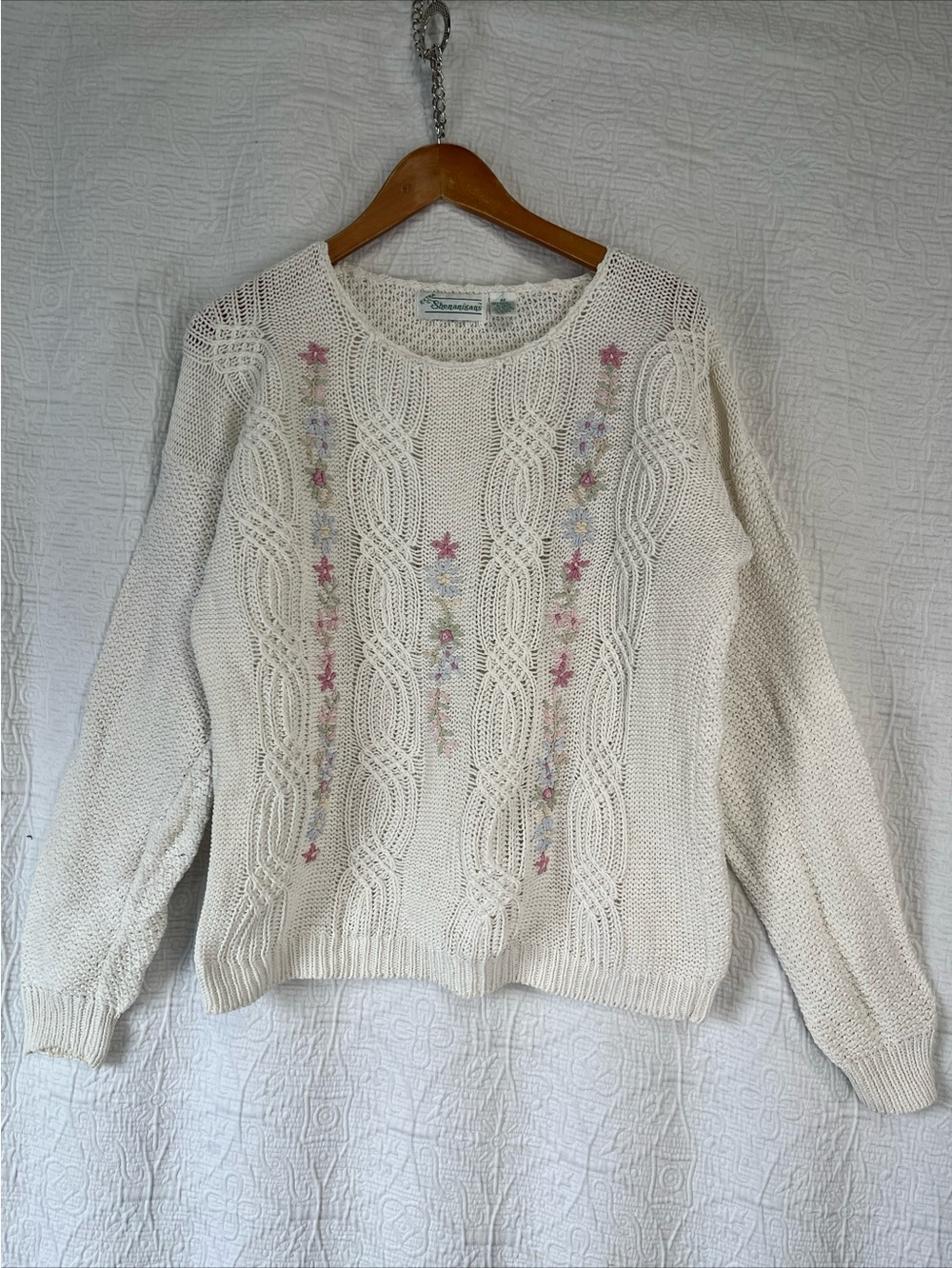 Vintage Summer Sweater Chunky Cable Knit Cream Floral Embroidered Shenanigans 22